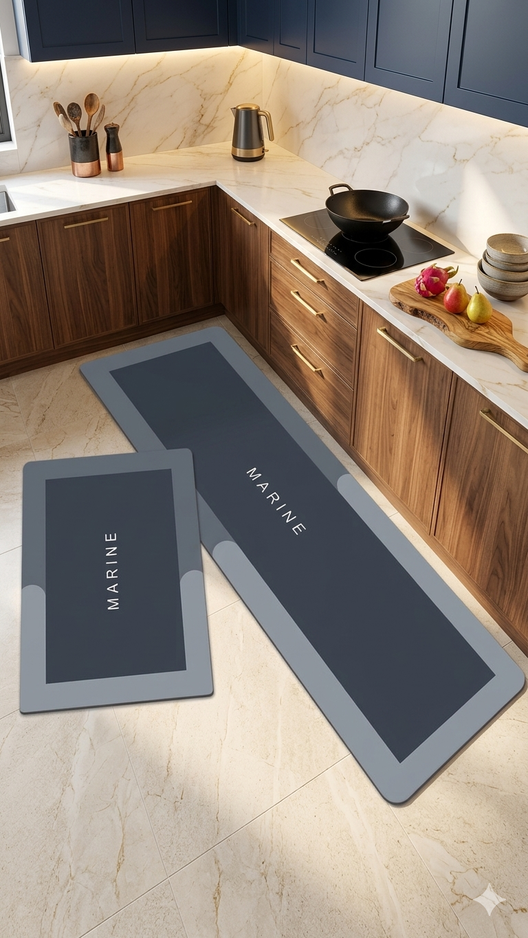 2 Pcs Kitchen Mats Set – Waterproof Memory Foam Anti-Fatigue Mat Non-Slip Rug for Kitchen, Sink, Laundry & Home Office – 120x40 cm + 40x60 cm (Marine Design)