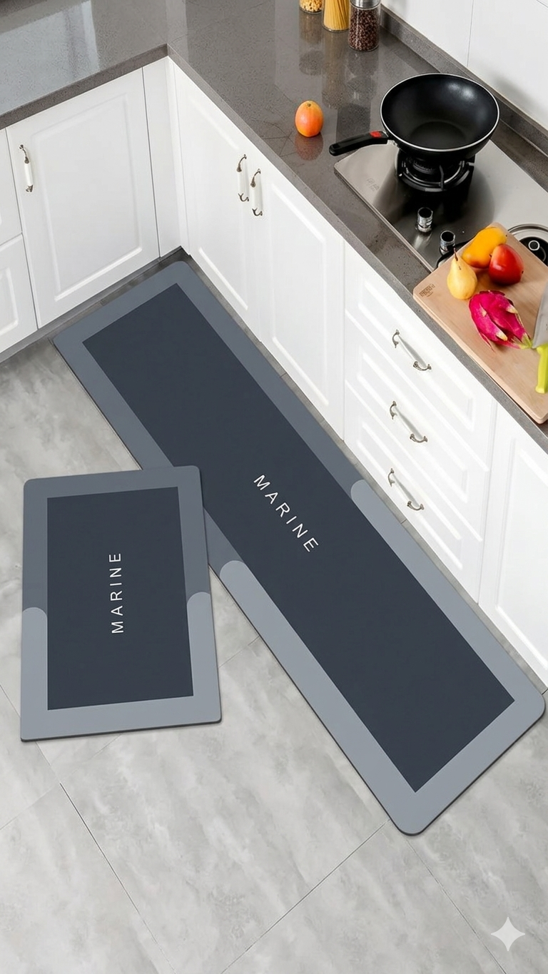 2 Pcs Kitchen Mats Set – Waterproof Memory Foam Anti-Fatigue Mat Non-Slip Rug for Kitchen, Sink, Laundry & Home Office – 120x40 cm + 40x60 cm (Marine Design)